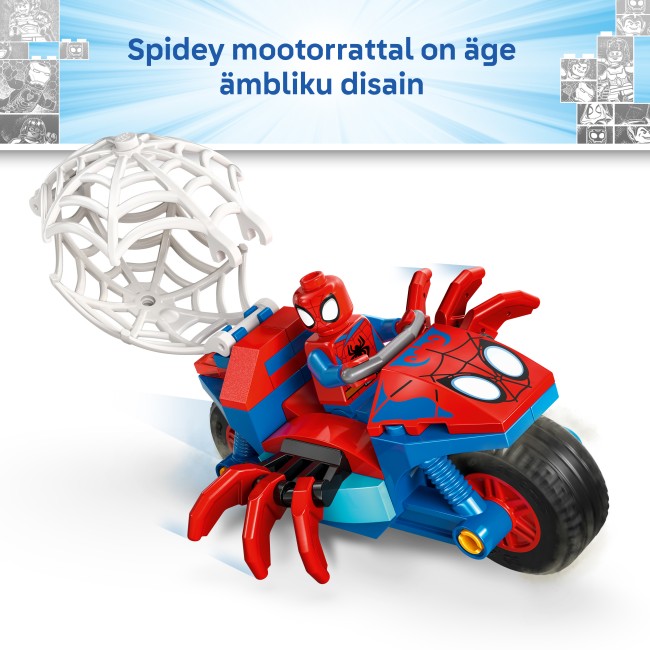 11206 Spidey jahtaa Rhinoa moottoripyörällään